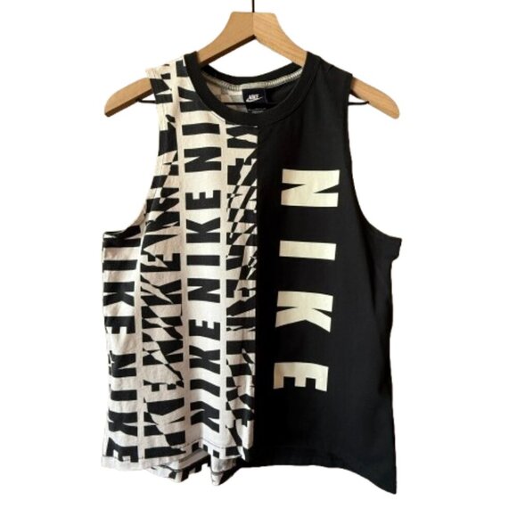 Women's M Nike Tank Top Black and White Split Logo Print Crew Neck - Picture 1 of 8